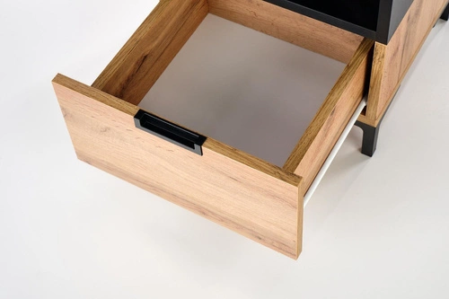 Noční stolek Intesi Tisaia 40 cm dub wotan/černá se zásuvkami, moderní styl do ložnice