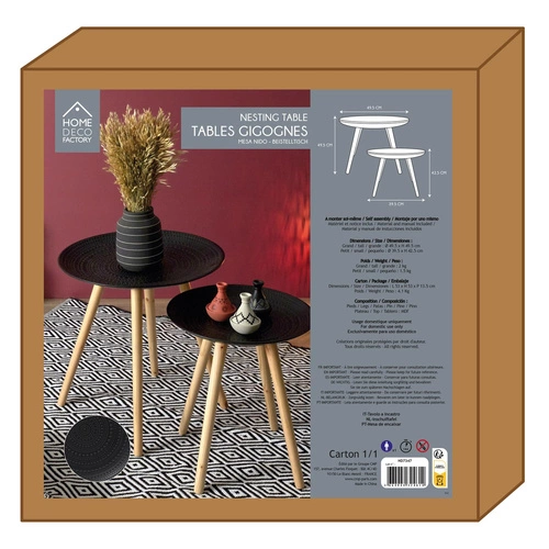 Sada 2 kulatých konferenčních stolků Intesi černá/přírodní skandinávský dřevěný 2v1 do obýváku