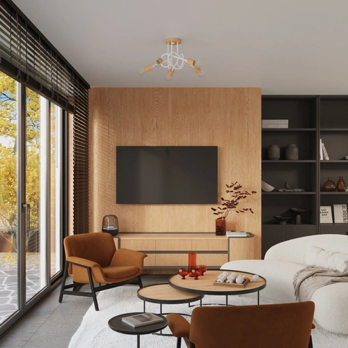 Stropní lustr EMBER 5 bílý minimalistický s dřevem do obýváku a jídelny 61 cm