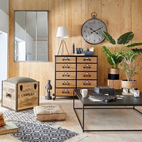 Stojací lampa do obýváku Runo Atmosphera černá moderní dřevěná s textilním stínidlem 58 cm