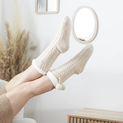 Protiskluzové ponožky Intesi béžové copánkový vzor teplé na doma dárek