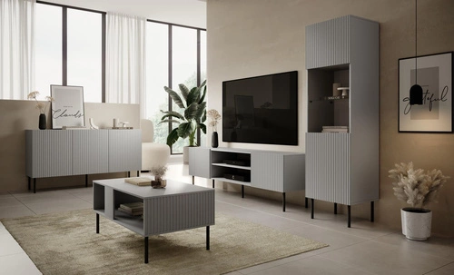 Komoda Harbin 150 cm šedá s drážkovanými dvířky moderní na nožkách do obýváku Intesi