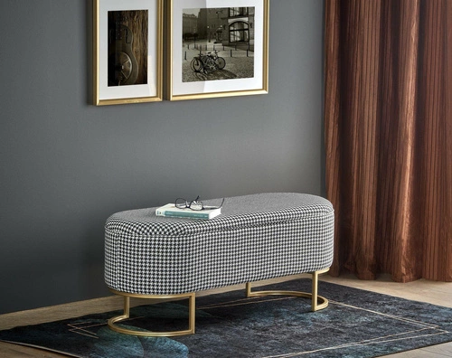 Čalouněná lavice Edessa s úložným prostorem do předsíně v pepitovém vzoru glamour na zlatých nohách