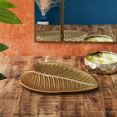 Dekorační podnos list Intesi zlatý moderní do obýváku glamour 30 cm MDF