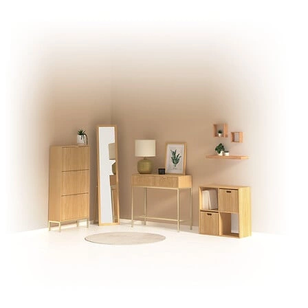 Konzolový stolek Tasso moderní s zásuvkou do předsíně a obýváku v přírodní barvě na zlatých nožkách Atmosphera