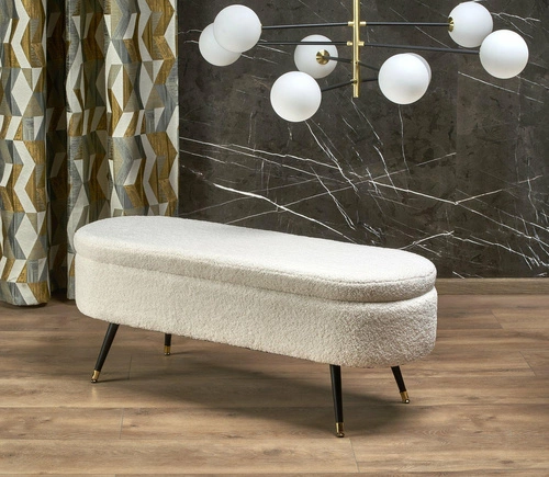 Čalouněná lavice se skrytým úložným prostorem Avico krémová bouclé do předsíně a ložnice ve stylu glamour