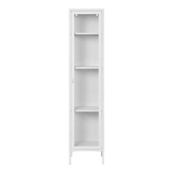 Úzká bílá vitrína Brisbane Intesi s kovovými nohami moderní na knihy do obývacího pokoje skleněná