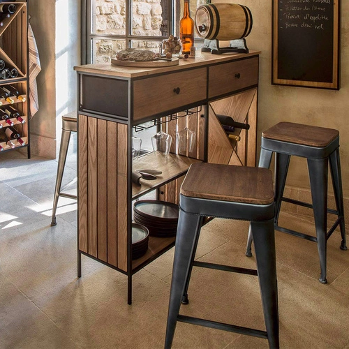 Barová židle Joris černá loftová kovová s dřevěným sedákem 60 cm do kuchyně Atmosphera