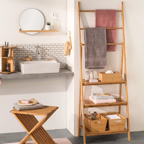 bambusový stojanový koupelnový věšák s policemi na ručníky 53 cm