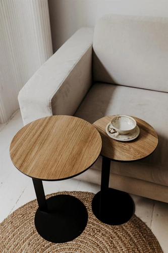 Konferenční stolek ODEN kulatý 30 cm moderní přírodní dub kovový do obýváku NORDIFRA