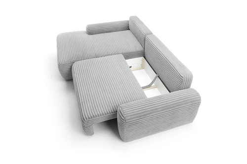 Rohová rozkládací pohovka levá manšestrová Domle světle šedá do obýváku s úložným prostorem