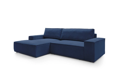 Rohová manšestrová pohovka Molde M levá modrá s rozkladem a úložným prostorem do obýváku