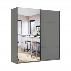 Šatní skříň s zrcadlem Della šedá moderní s policemi a tyčí do ložnice 200 cm