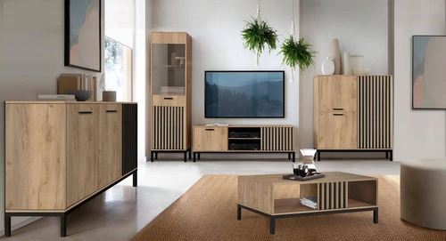 Vysoká komoda Markle s drážkovaným povrchem dub craft/černá na nožkách moderní do obýváku Intesi