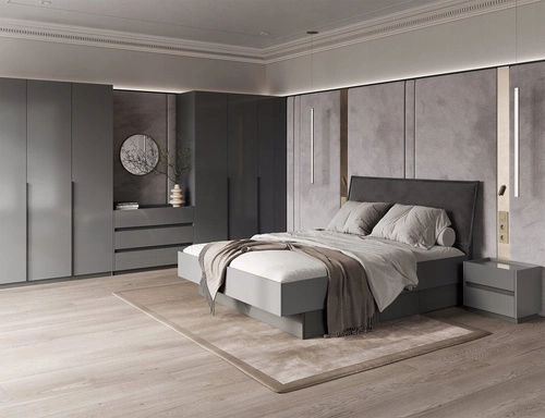 Moderní čtyřdveřová šatní skříň Otto v antracitu s policemi a tyčí do ložnice