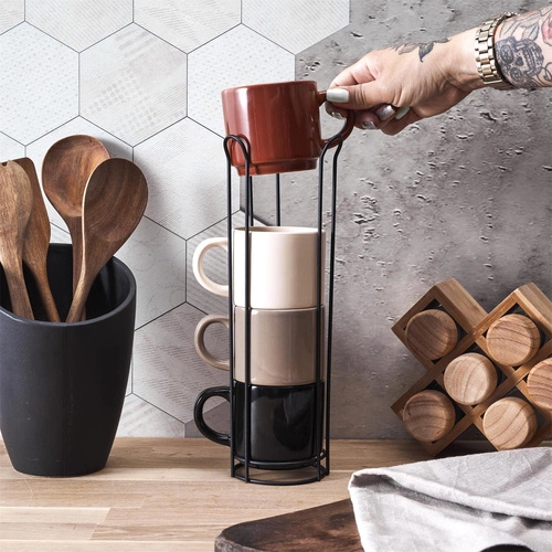 Sada 4 keramických hrnků Japandi na stojanu Intesi na kávu a čaj multicolor