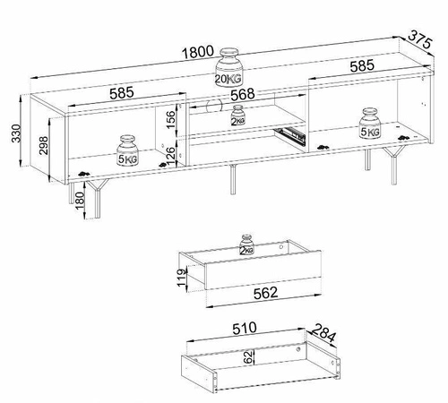 TV stolek 180 cm černý Navara moderní na vysokých nohách do obýváku se zásuvkou Intesi