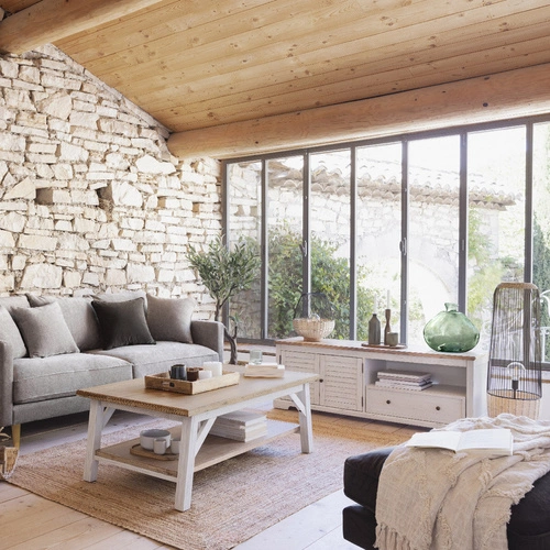 TV stolek Olbia bílý dřevěný 140 cm do obýváku s policemi a zásuvkou Atmosphera