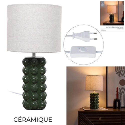 Keramická stolní lampa Ramil zelená s béžovým stínidlem do ložnice 40 cm