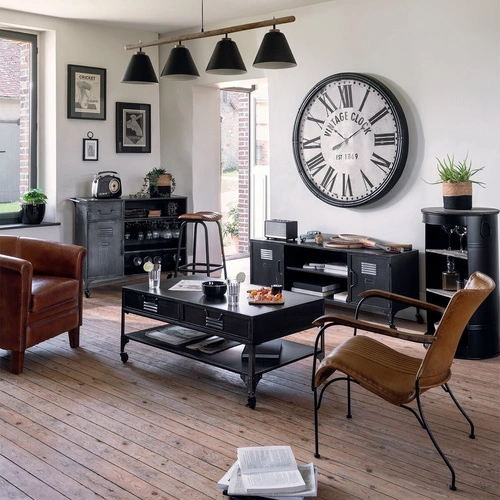 Kulatý konferenční stolek Diego s 2 policemi do obýváku loftový kovový černo-hnědý Atmosphera