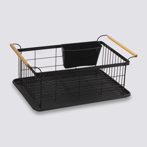 Odkapávač na nádobí černý s dřevěným držadlem na pracovní desku 43 cm s přihrádkou na příbory 5five