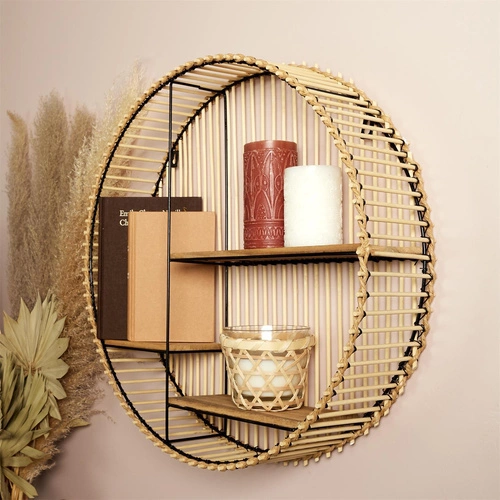 Kulatá závěsná dřevěná police na zeď Bali boho na knihy a dekorace černá Intesi