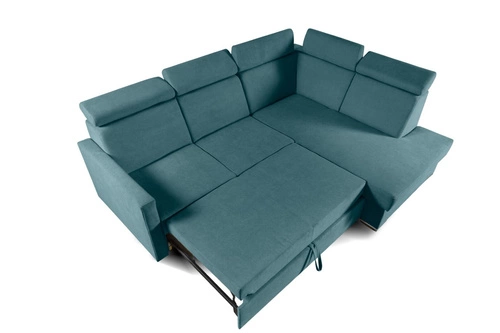 Rohová rozkládací sedačka do obýváku Mils XL mořská moderní s úložným prostorem pravá