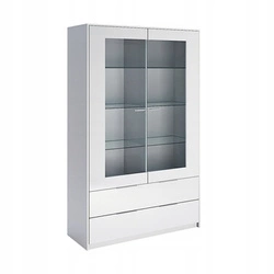 Bílá prosklená vitrína do obýváku Merle, moderní, se zásuvkami, 120 cm Intesi