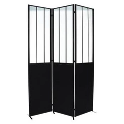 Loftová pokojová paravánová zástěna Atelier, 3dílná skládací, černá s tvrzeným sklem, 170 cm Atmosphera