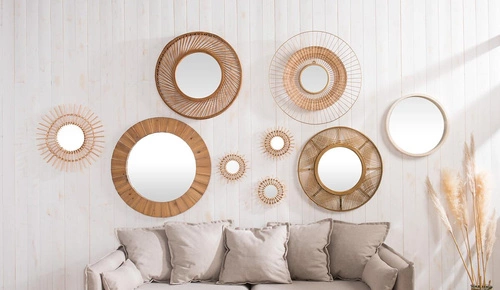 Kulaté boho zrcadlo Sun Atmosphera v dřevěném rámu do obýváku nebo ložnice 58 cm