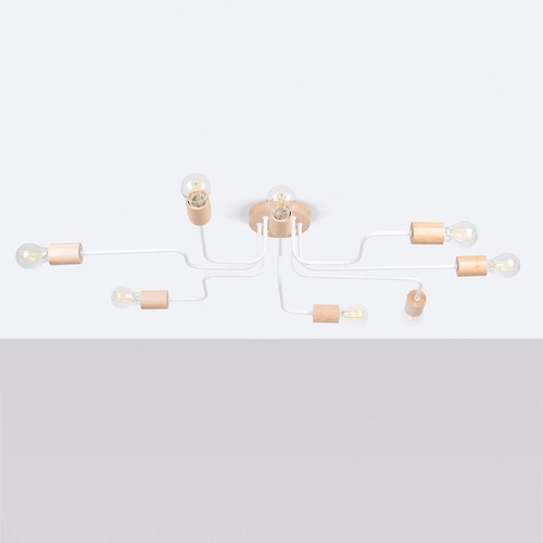 Loftový lustr TIMBO 8 bílý s dřevem do obýváku a jídelny šířka 100 cm