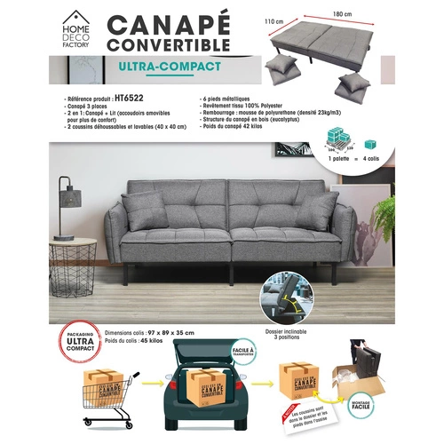 Rozkládací pohovka Lurif šedá s funkcí spaní do obývacího pokoje, moderní, kompaktní, na vysokých nohách Intesi