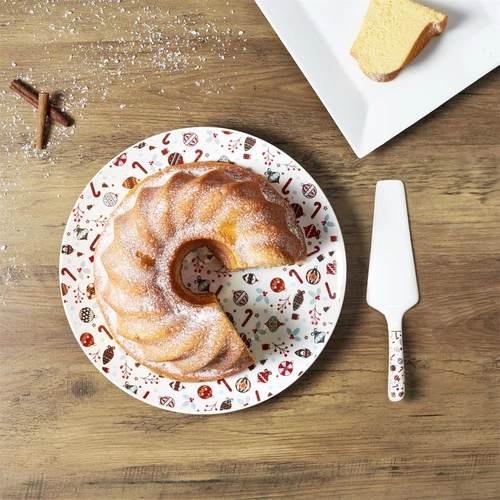 Bílý keramický dortový talíř s lopatkou Intesi Vánoční 30 cm do jídelny