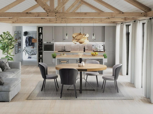 Rozkládací kulatý stůl Merry dub zlatý černé nohy moderní do jídelny a obýváku 120–160 cm