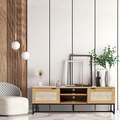 RTV skříňka Capri 150 cm ratanová stojací boho s kovovou podstavou do obýváku přírodní