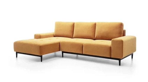 Rohová rozkládací pohovka Revon žlutá moderní sametová levá do obýváku 266 cm