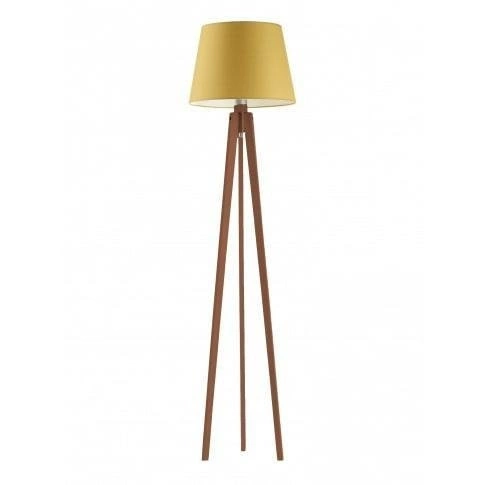 Stojací lampa do obýváku Curacao Lysne moderní dřevěná žlutá s textilním stínidlem 158 cm