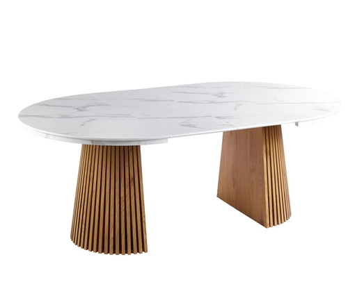 Rozkládací jídelní stůl Kyoto kulatý 120/200 cm bílý mramor dub moderní do jídelny a obýváku