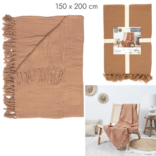 Bavlněná deka Waffle Intesi okrová 150x200 cm hřejivý přehoz na pohovku nebo postel