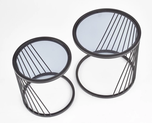 Sada 2 kulatých konferenčních stolků Tornello černé sklo loftové do obýváku 2v1