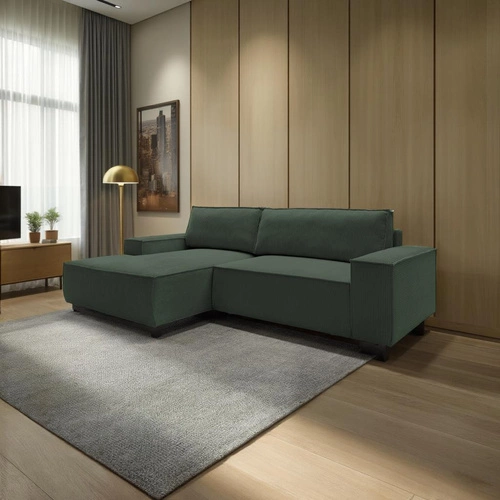 Rohová sametová rozkládací pohovka Molde M levá zelená s úložným prostorem do obývacího pokoje