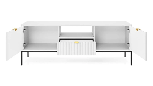 Bílá rýhovaná TV komoda Delicious glamour na vysokých nohách do obýváku 154 cm Intesi