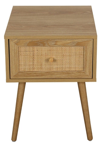 Noční stolek boho Ballo Intesi s pleteným čelem a zásuvkou, přírodní dub do ložnice