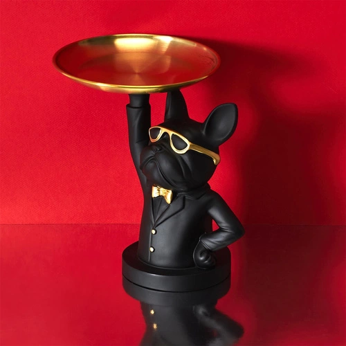 Dekorační soška organizér Buldoček černý se zlatým tácem do obýváku Intesi glamour