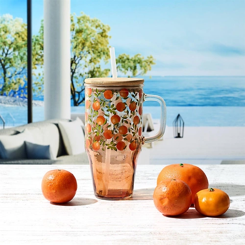 Skleněný hrnek s víčkem a brčkem Soleo 650 ml rustikální oranžový na nápoje Intesi