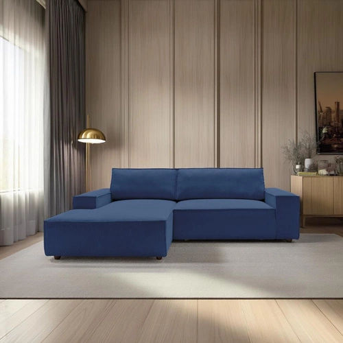 Rohová manšestrová pohovka Molde M levá modrá s rozkladem a úložným prostorem do obýváku