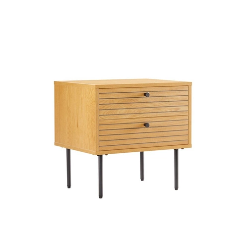 Noční stolek Lattes 50x40 cm se 2 zásuvkami ve skandinávském stylu, přírodní dub a černý kov