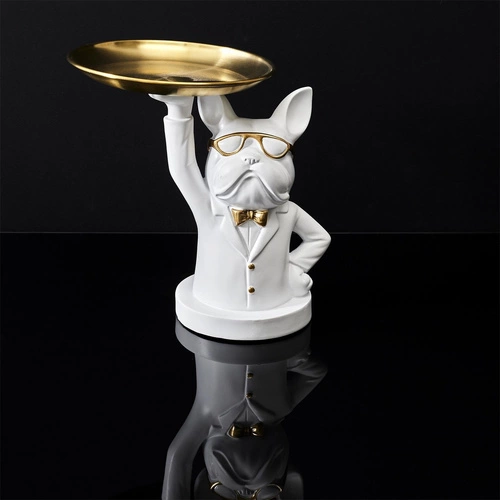 Dekorativní organizér buldok bílý se zlatým tácem Intesi do obýváku glamour