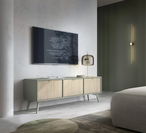 Dřevěný TV stolek Sage 160 cm do obýváku boho glamour s čelní deskou v rybí kostře Intesi