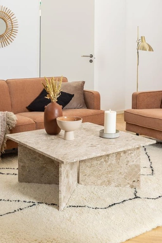 Mramorový konferenční stolek Vega čtvercový béžový 90x90 cm moderní do obýváku Actona